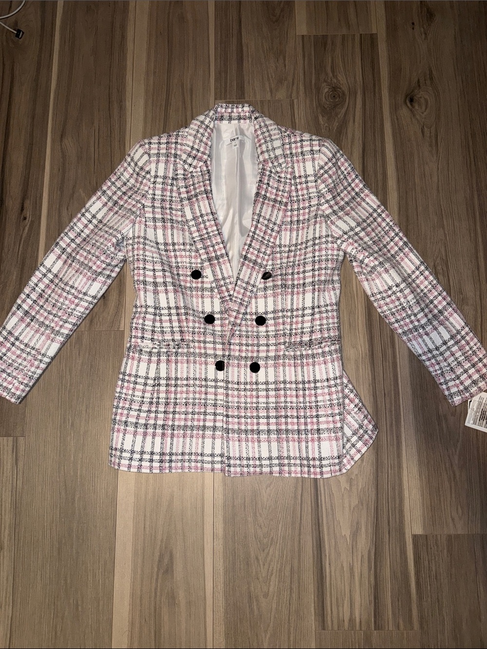 Bar III Pink and White Plaid Double-Breasted Blazer